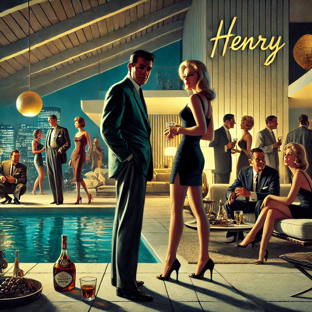 modern party scene at night with Henry and glamorous woman by the pool, surrounded by well-dressed guests